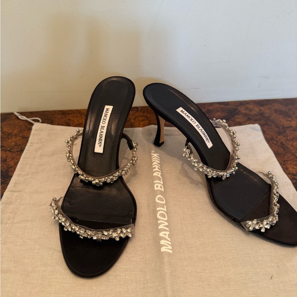 Manolo Blahnik Diora Black Satin Crystal Embellished Heel Sandals
